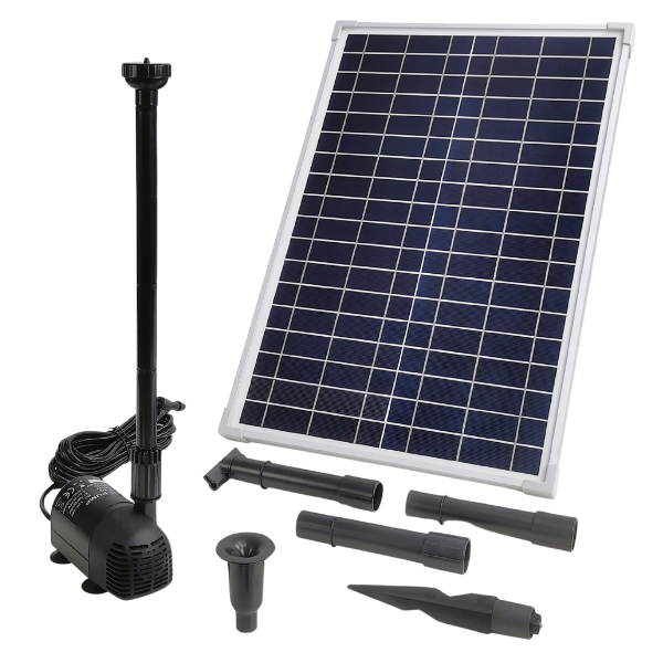 Complete solar pond pump kit showing pump, 25W solar panel and nozzles