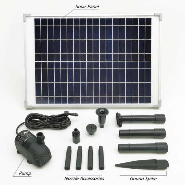 Solar pond pump kit components and fountain nozzle attachments laid out