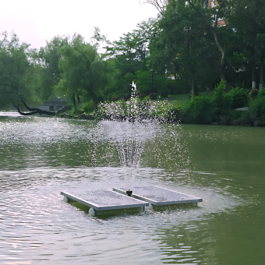 Float assembly and pump unit of the 5000 L/h solar floating fountain