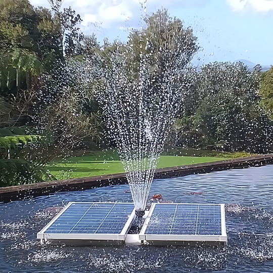 Solar floating fountain spray display with dual 80W panel array