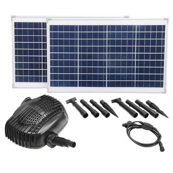 3500 L/h solar pond pump with panel array and outlet fittings