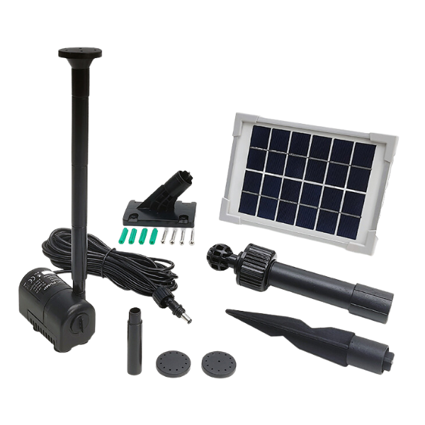 Complete 200 L/h solar pond pump kit contents on white background