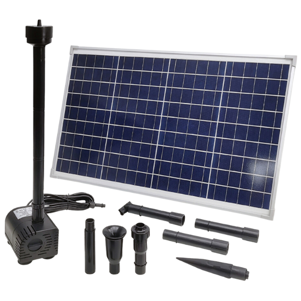 2000 L/h solar pond pump showing fountain nozzles and extender pipes