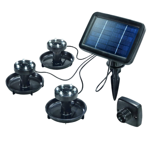 Solar underwater pond light set with three LED spotlights and solar panel