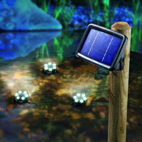 Solar underwater pond light set components laid out