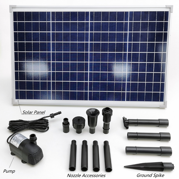 Complete 1800 L/h solar pond pump kit contents