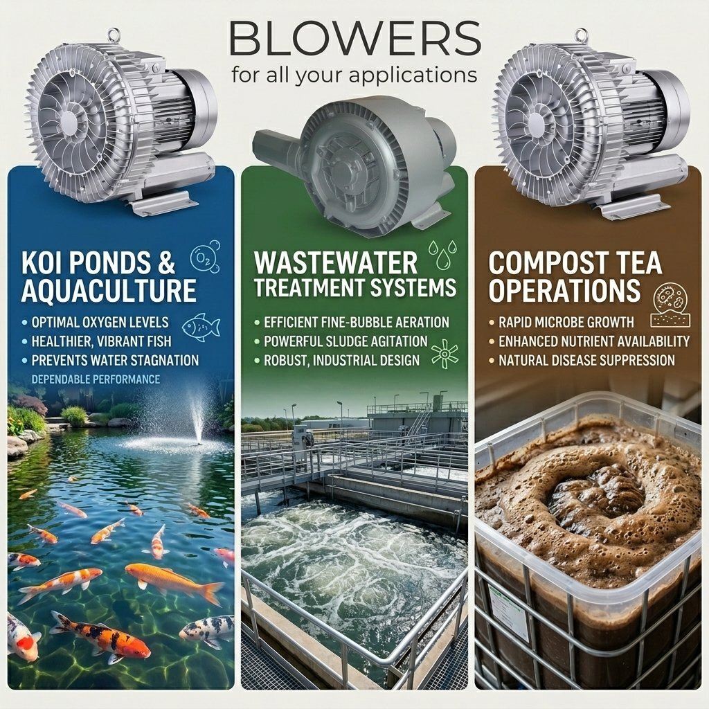 Blowers for koi ponds, wastewater treatment and compost tea
